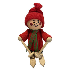 Vtg Swedish Tomte Figurine Collectible Handmade Christmas Skier Red Knit Home